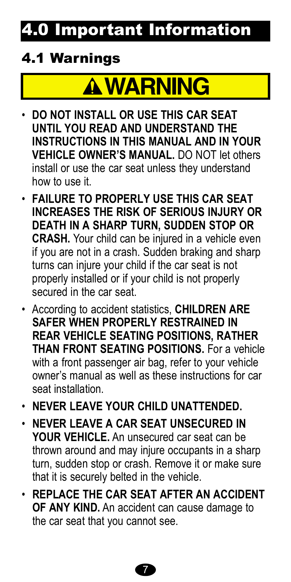 0 important information, 1 warnings | Graco CarGo 8485 User Manual | Page 7 / 68