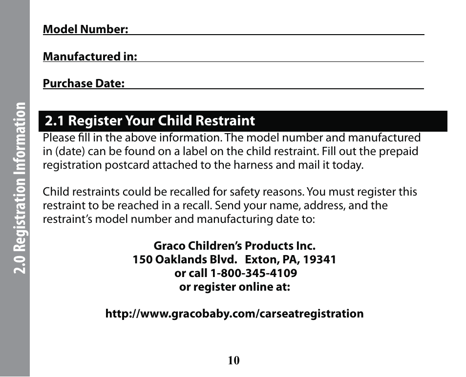 0 registra tion inf orma tion | Graco SMART SEAT PD163434A User Manual | Page 10 / 60