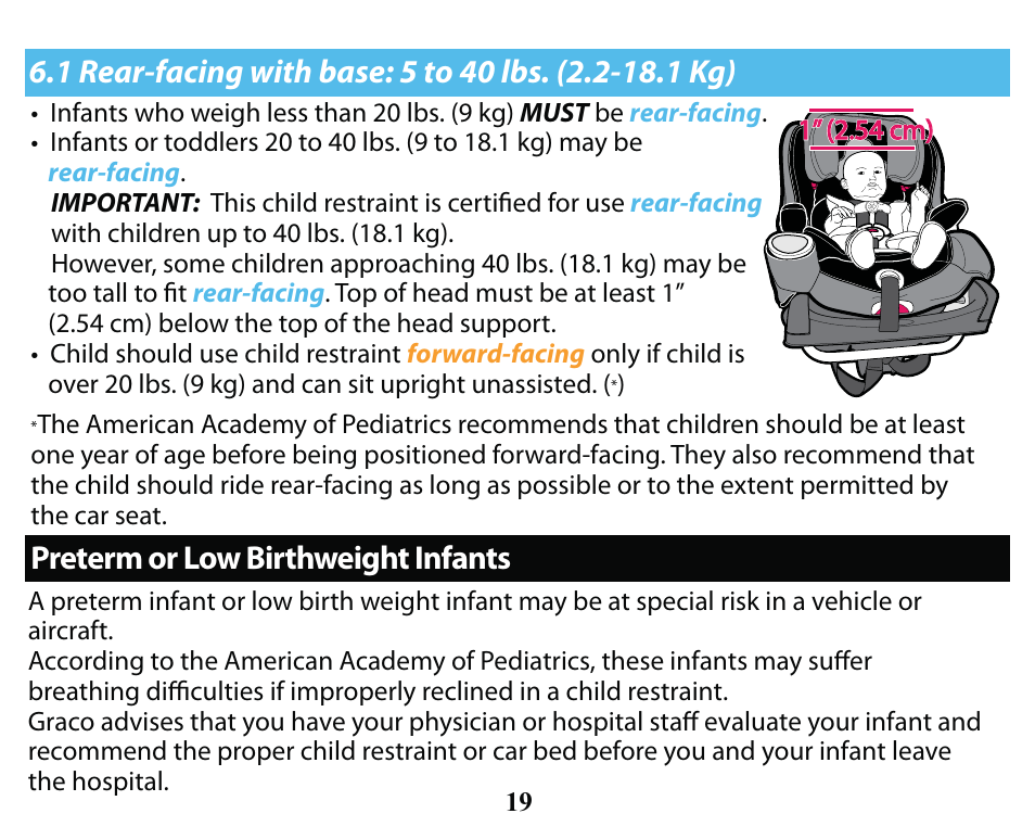 Preterm or low birthweight infants | Graco SMART SEAT PD163434A User Manual | Page 19 / 60