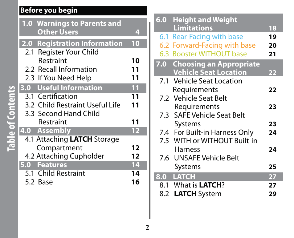 Table of cont ents | Graco SMART SEAT PD163434A User Manual | Page 2 / 60