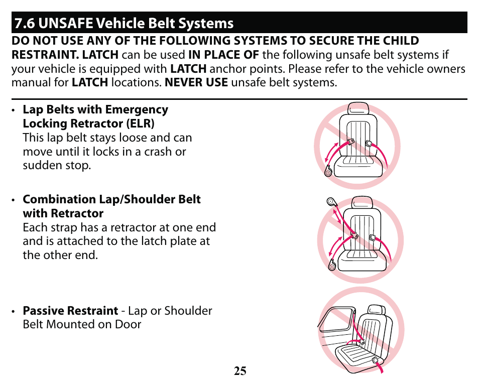 6 unsafe vehicle belt systems | Graco SMART SEAT PD163434A User Manual | Page 25 / 60