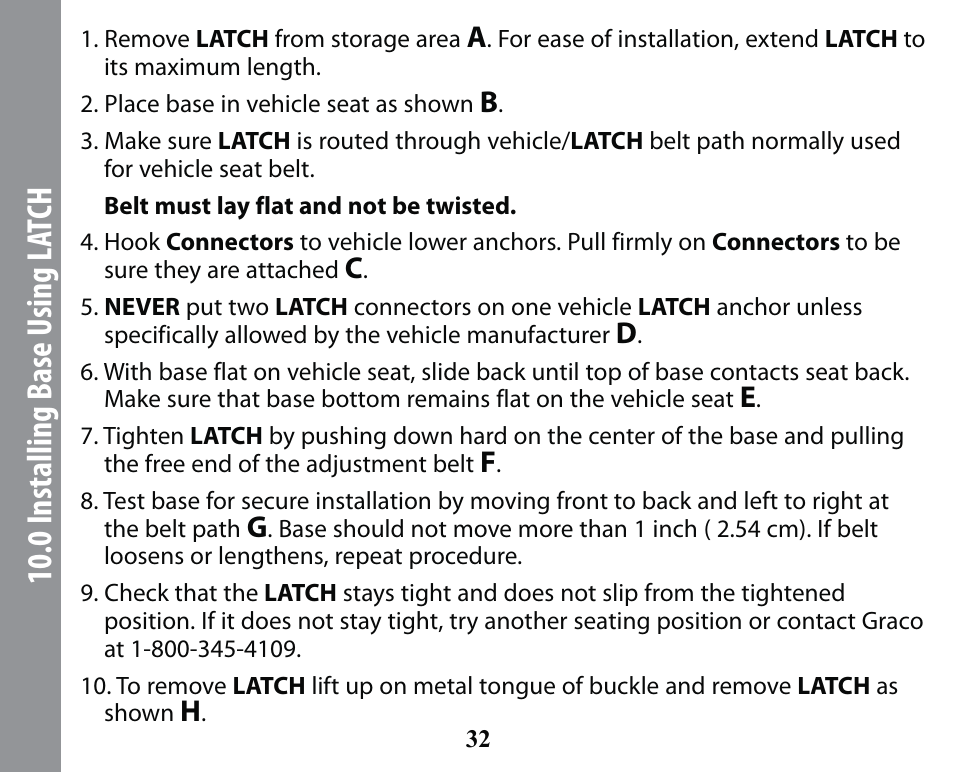 0 installing base u sing l at ch | Graco SMART SEAT PD163434A User Manual | Page 32 / 60