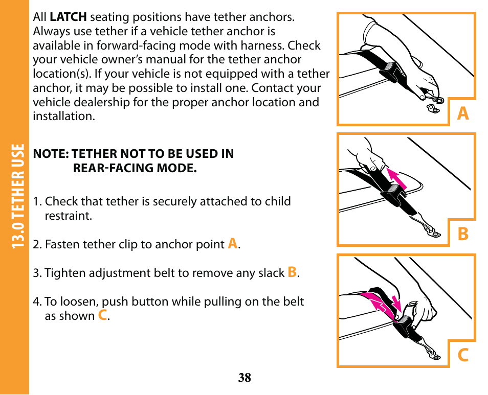 Ab c, 0 tether use | Graco SMART SEAT PD163434A User Manual | Page 38 / 60