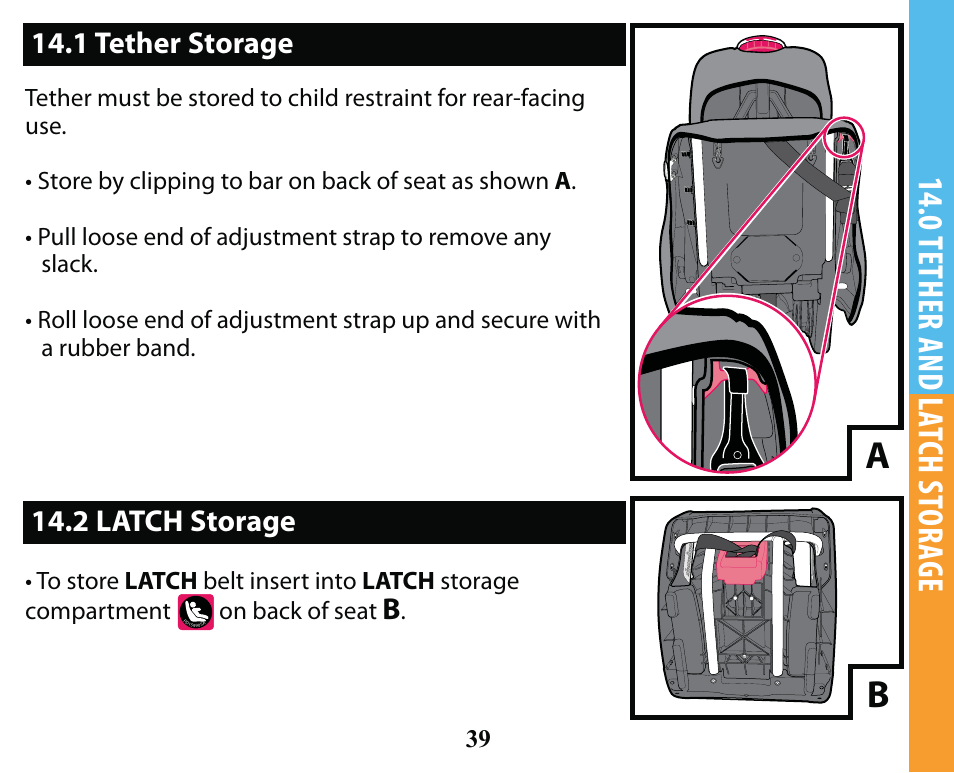 0 tether and l at ch st ora ge, 1 tether storage 14.2 latch storage | Graco SMART SEAT PD163434A User Manual | Page 39 / 60