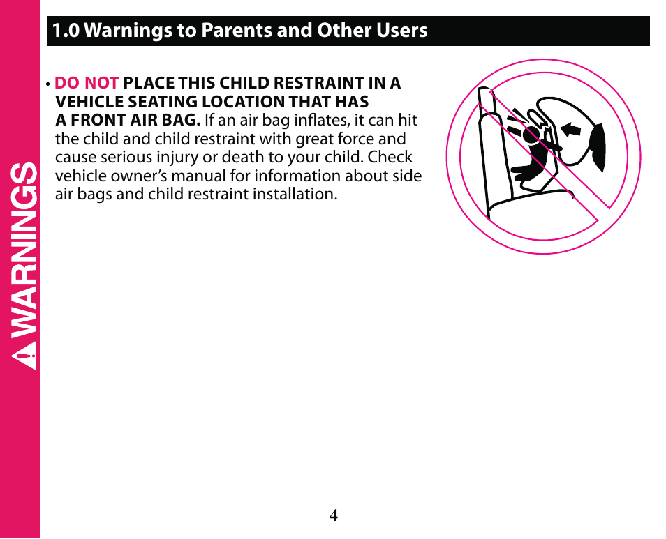 0 warnings to parents and other users | Graco SMART SEAT PD163434A User Manual | Page 4 / 60