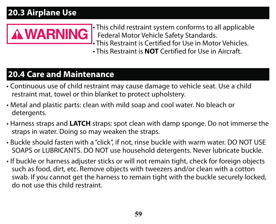 3 airplane use 20.4 care and maintenance | Graco SMART SEAT PD163434A User Manual | Page 59 / 60