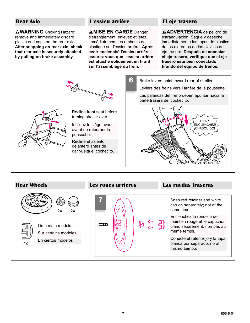 Rear wheels les roues arrières las ruedas traseras, Rear axle l’essieu arrière el eje trasero | Graco 7932 User Manual | Page 14 / 20