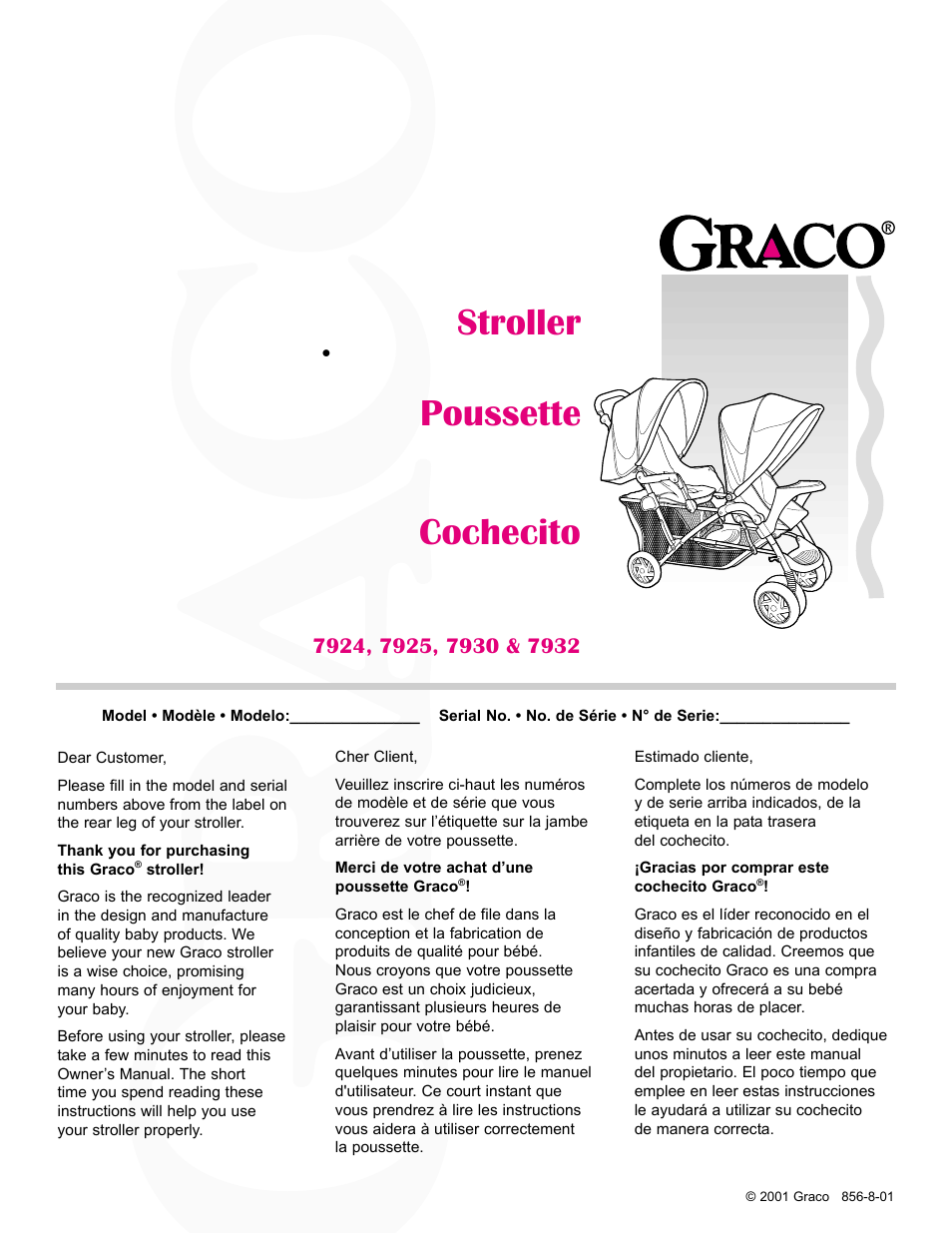 Stroller, Poussette, Cochecito | Graco 7932 User Manual | Page 2 / 20