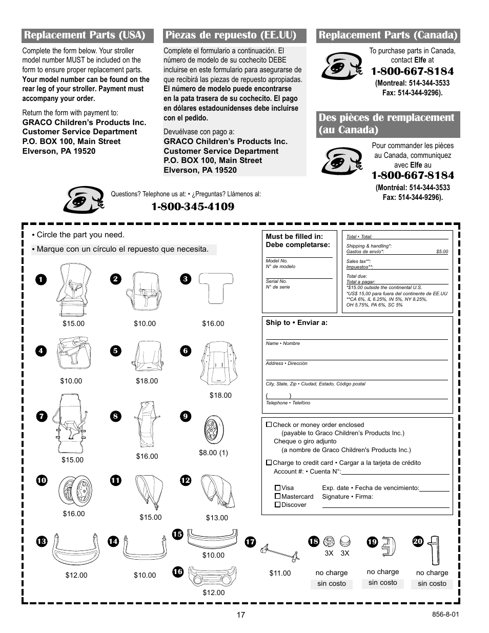 Replacement parts (usa) piezas de repuesto (ee.uu), Replacement parts (canada), Des pièces de remplacement (au canada) | Graco 7932 User Manual | Page 8 / 20