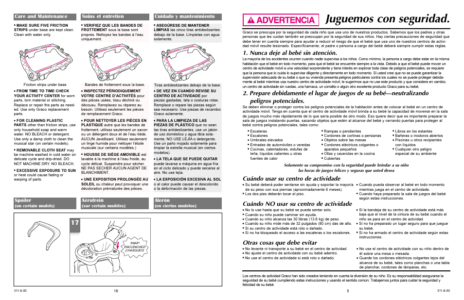 Juguemos con seguridad, Nunca deje al bebé sin atención, Cuándo usar su centro de actividade | Cuándo no usar su centro de actividade, Otras cosas que debe evitar, Spoiler, Aérofrein, Alerón | Graco ACTIVITY CENTER 4530 User Manual | Page 16 / 20