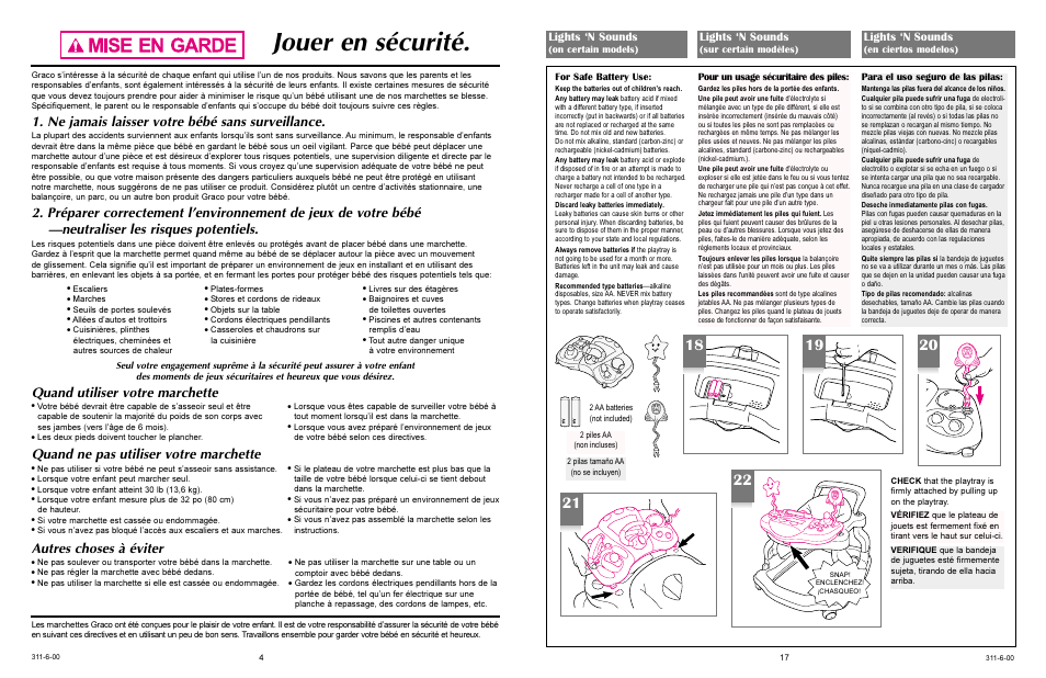 Jouer en sécurité, Ne jamais laisser votre bébé sans surveillance, Quand utiliser votre marchette | Quand ne pas utiliser votre marchette, Autres choses à éviter, Lights ‘n sounds | Graco ACTIVITY CENTER 4530 User Manual | Page 17 / 20