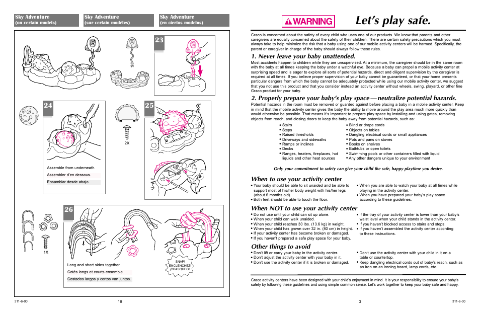 Let’s play safe, Never leave your baby unattended, Other things to avoid | When not to use your activity center, When to use your activity center | Graco ACTIVITY CENTER 4530 User Manual | Page 18 / 20