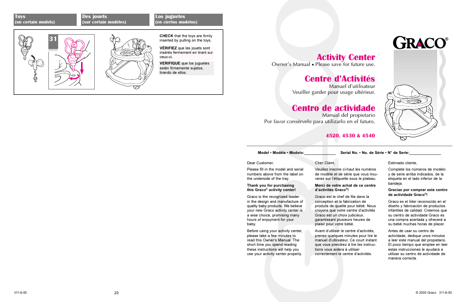 Activity center, Centro de actividade, Centre d’activités | Graco ACTIVITY CENTER 4530 User Manual | Page 20 / 20