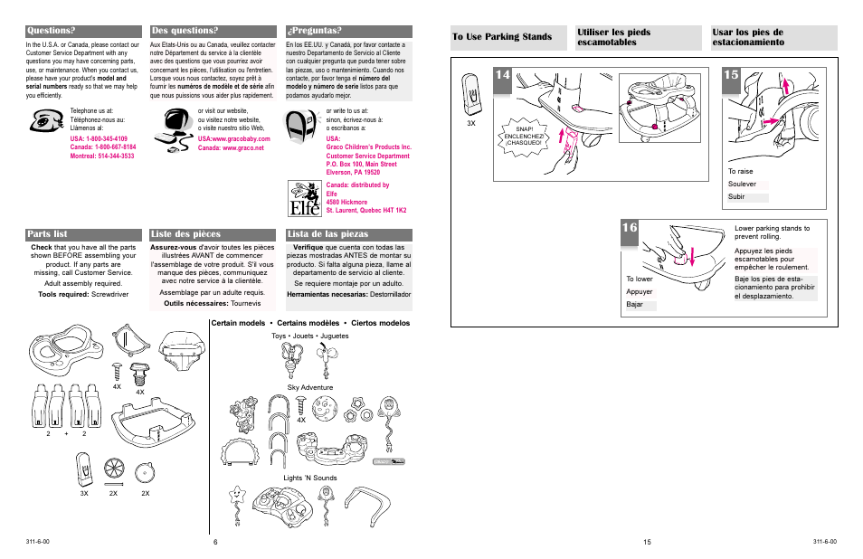 Parts list liste des pièces lista de las piezas, Questions? des questions? ¿preguntas | Graco ACTIVITY CENTER 4530 User Manual | Page 6 / 20