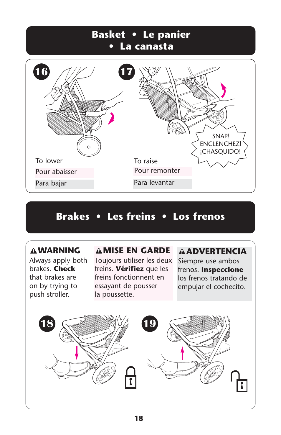Basket • le panier • la canasta, Brakes • les freins • los frenos | Graco ISPA113AB User Manual | Page 18 / 128