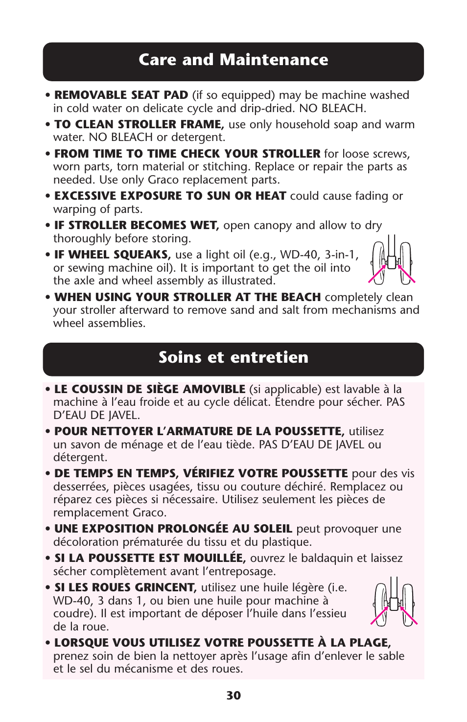 Care and maintenance, Soins et entretien | Graco ISPA113AB User Manual | Page 30 / 128