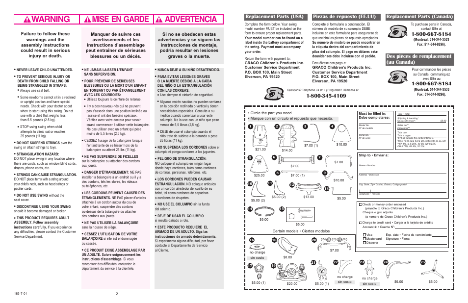 Warning advertencia mise en garde, Replacement parts (usa) piezas de repuesto (ee.uu), Replacement parts (canada) | Des pièces de remplacement (au canada) | Graco 1495 User Manual | Page 22 / 24