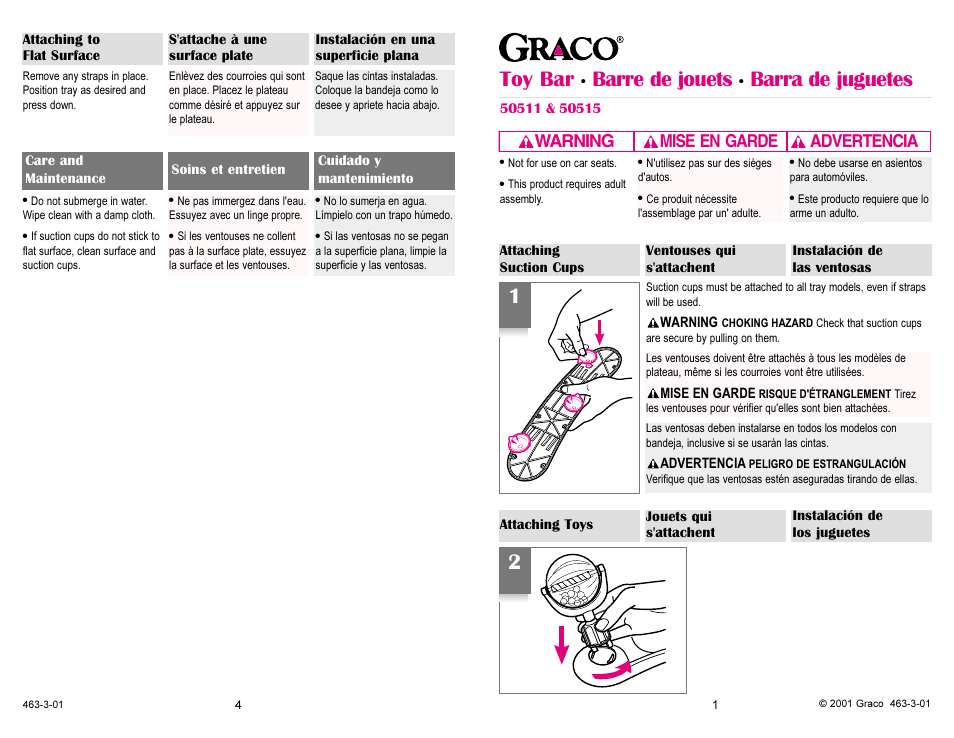 Toy bar, Barre de jouets, Barra de juguetes | Warning advertencia mise en garde | Graco 1495 User Manual | Page 23 / 24