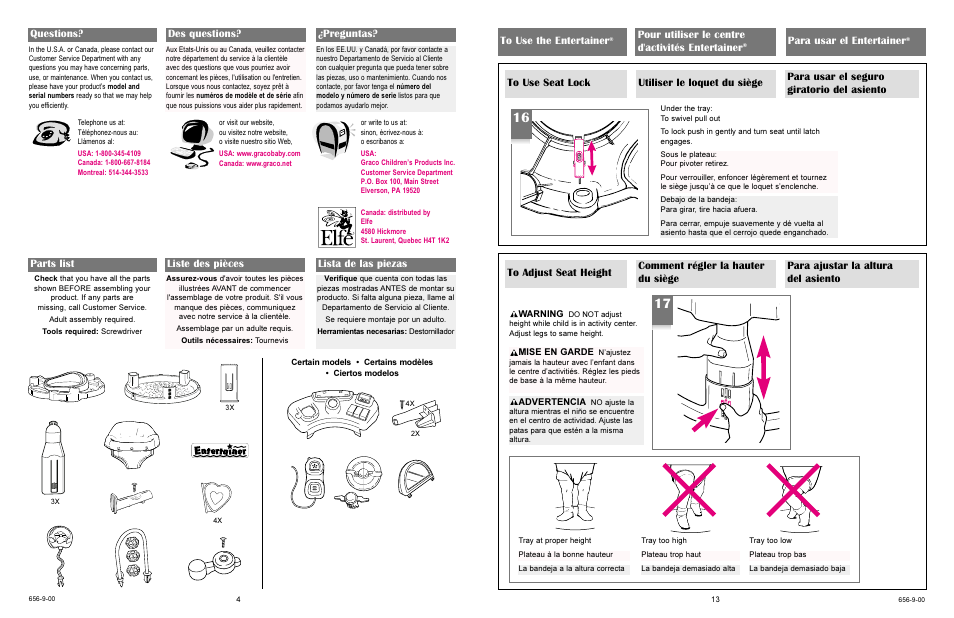 Parts list liste des pièces lista de las piezas, Pour utiliser le centre d'activités entertainer, Para usar el entertainer | Questions? des questions? ¿preguntas | Graco 4622 User Manual | Page 13 / 16