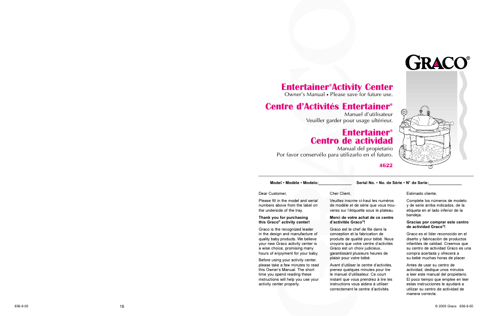 Entertainer, Activity center, Centro de actividad | Centre dactivités entertainer, Owners manual, Please save for future use | Graco 4622 User Manual | Page 16 / 16