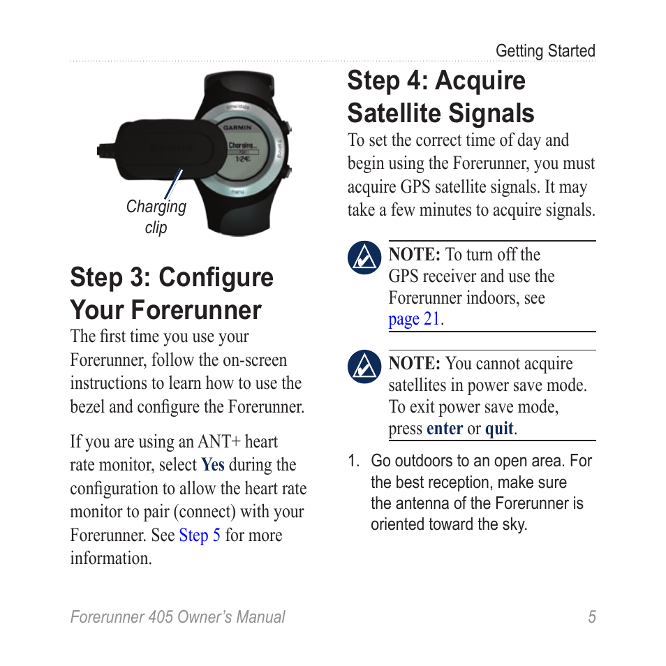 Step 3: configure your forerunner, Step 4: acquire satellite signals, Step 3: configure your | Forerunner, Step 4: acquire satellite, Signals, Forerunner 405 owner’s manual 5 getting started, Chargng clp | Graco 405 User Manual | Page 11 / 56