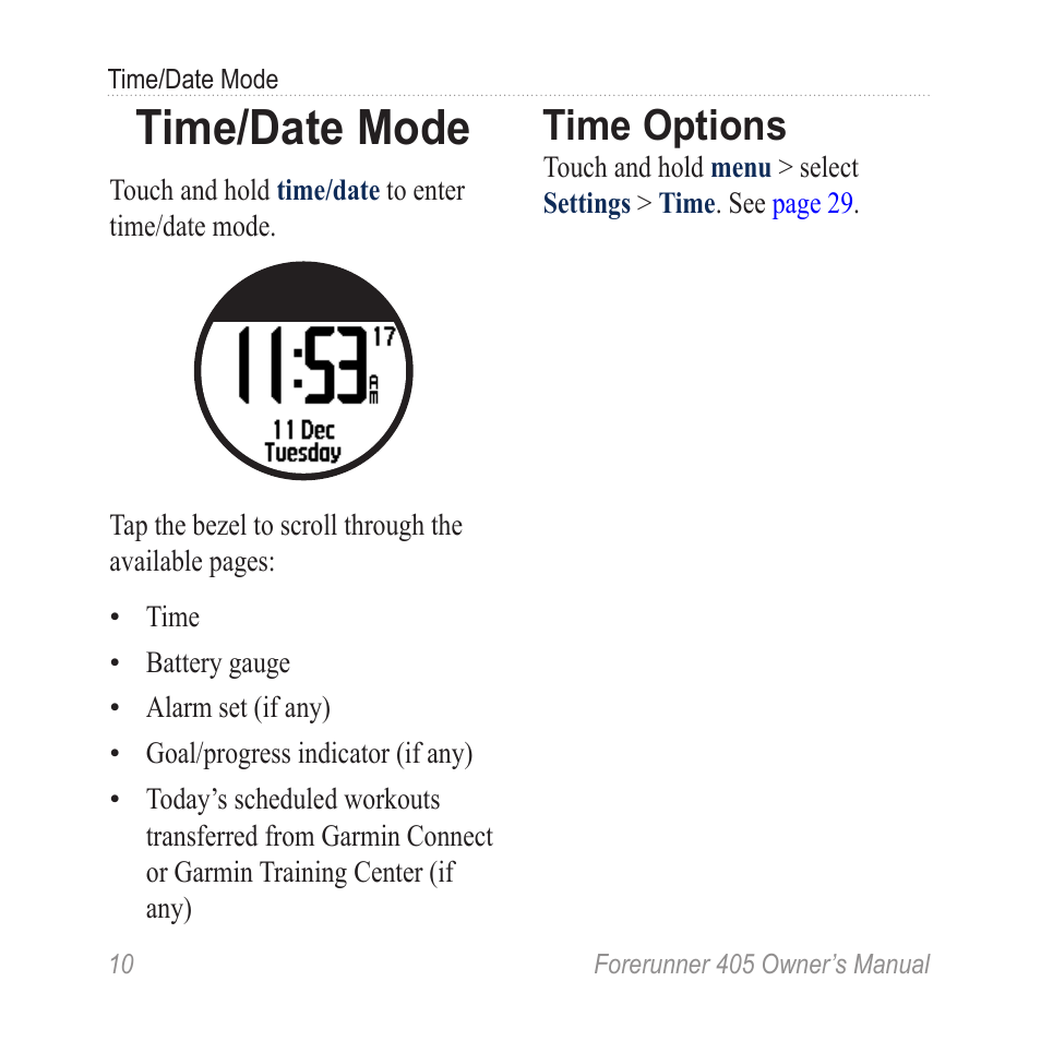 Time/date mode, Time options | Graco 405 User Manual | Page 16 / 56