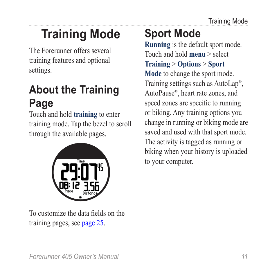 Training mode, Sport mode, About the training page | Graco 405 User Manual | Page 17 / 56