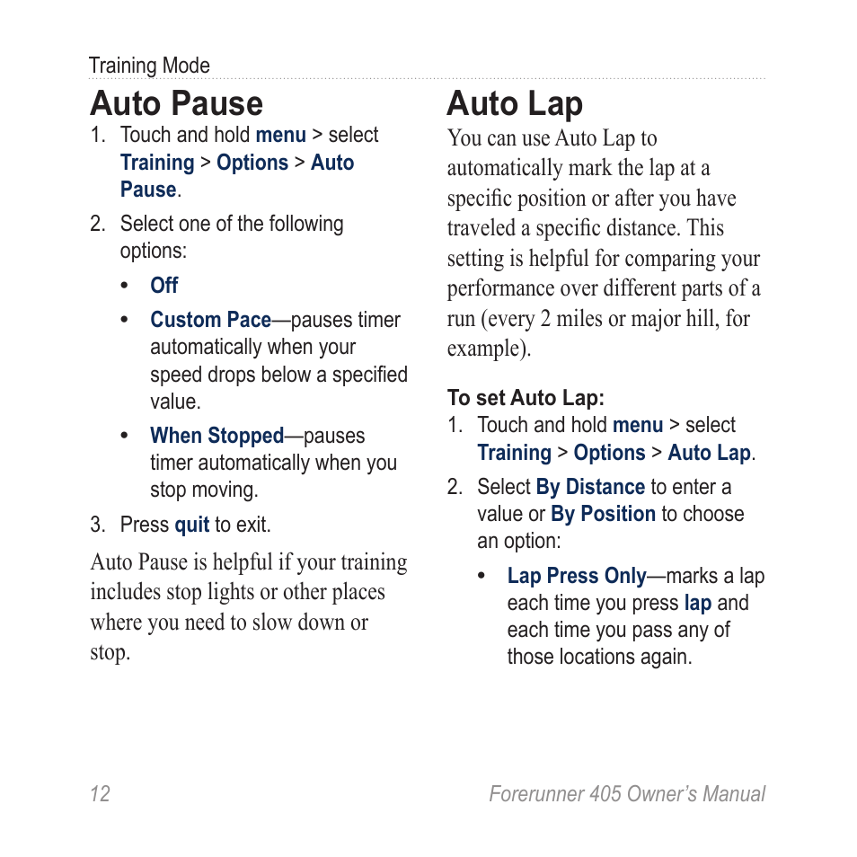 Auto pause, Auto lap | Graco 405 User Manual | Page 18 / 56