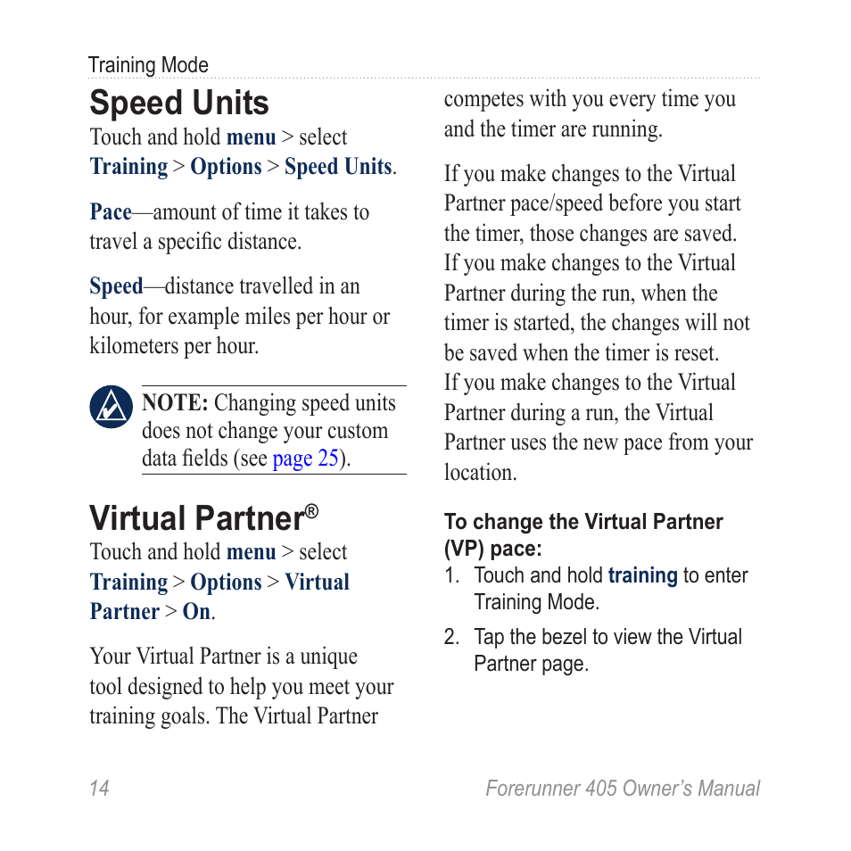 Speed units, Virtual partner | Graco 405 User Manual | Page 20 / 56