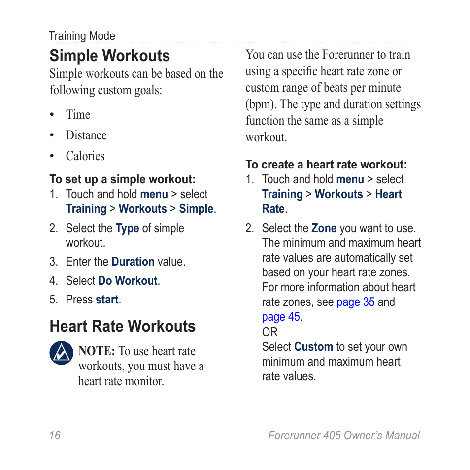 Simple workouts, Heart rate workouts | Graco 405 User Manual | Page 22 / 56