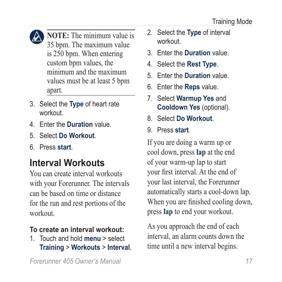 Interval workouts | Graco 405 User Manual | Page 23 / 56