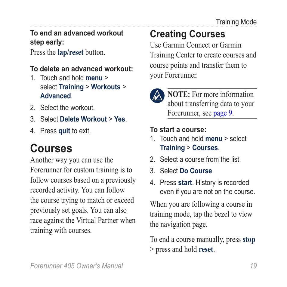 Courses, Creating courses | Graco 405 User Manual | Page 25 / 56