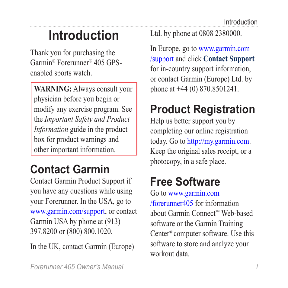 Introduction, Contact garmin, Product registration | Free software | Graco 405 User Manual | Page 3 / 56