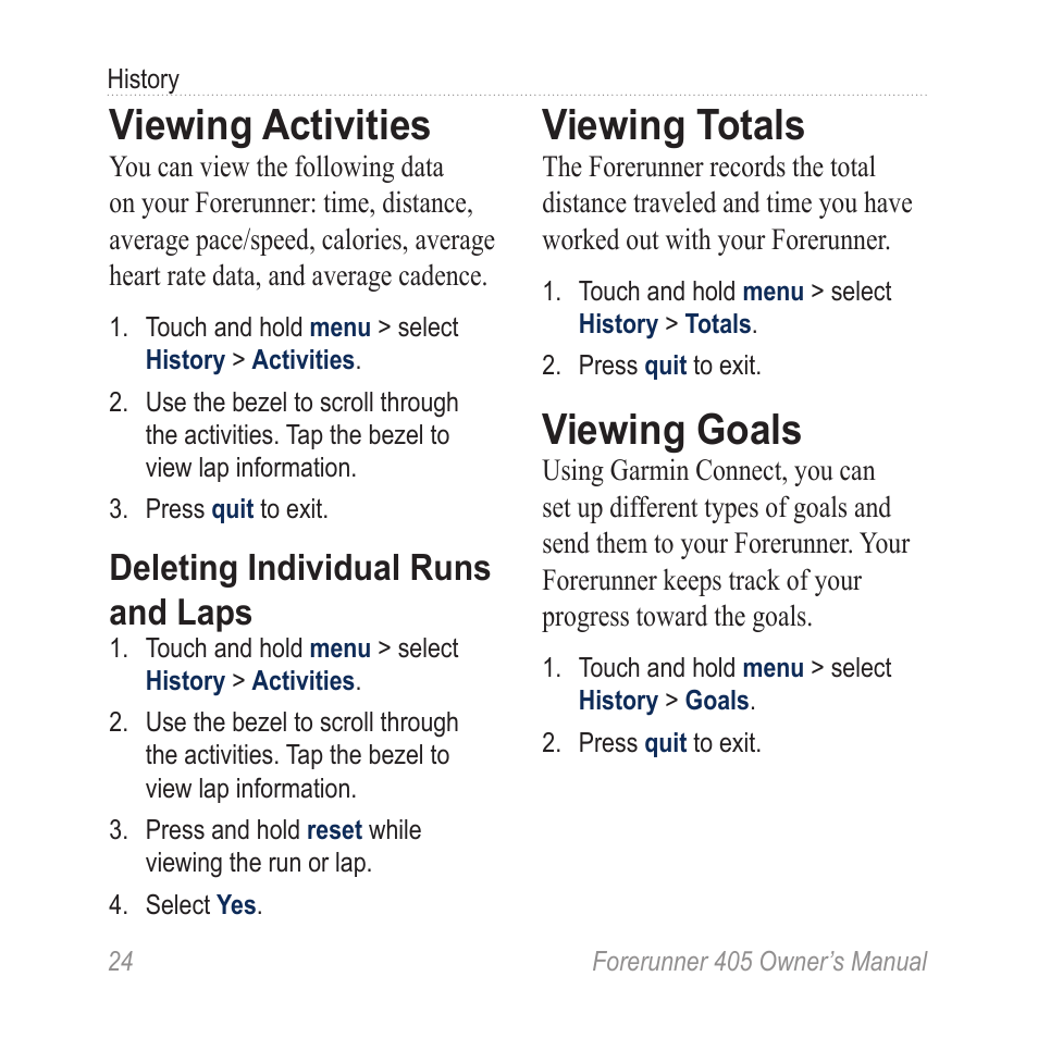 Viewing activities, Viewing totals, Viewing goals | Deleting individual runs and laps | Graco 405 User Manual | Page 30 / 56