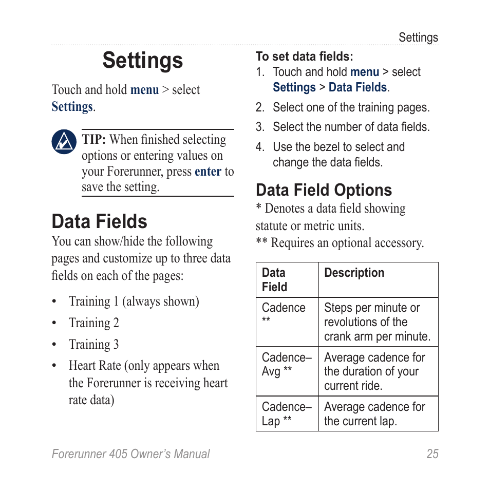 Settings, Data fields, Data field options | Graco 405 User Manual | Page 31 / 56