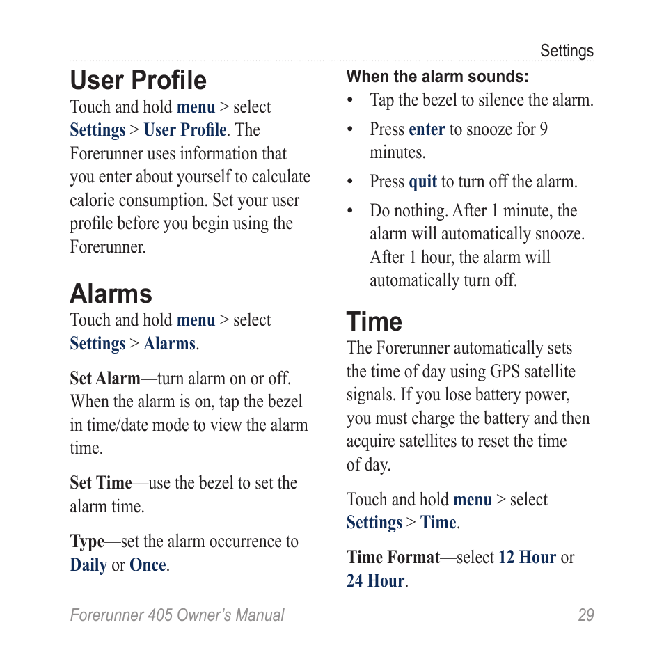 User profile, Alarms, Time | Graco 405 User Manual | Page 35 / 56