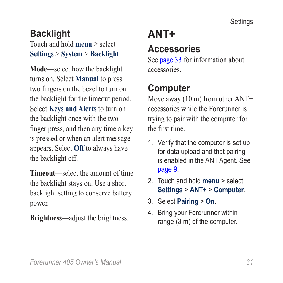 Backlight, Accessories, Computer | Graco 405 User Manual | Page 37 / 56