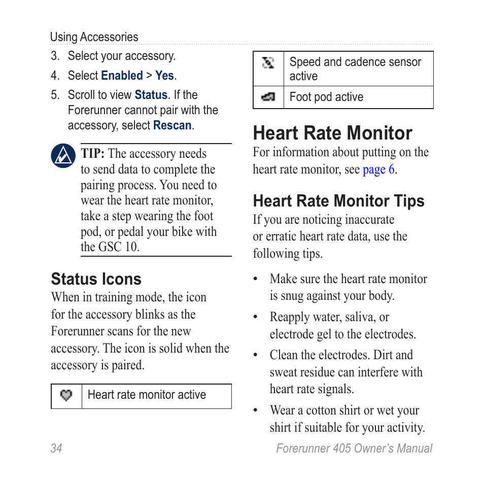 Heart rate monitor, Status icons, Heart rate monitor tips | Graco 405 User Manual | Page 40 / 56