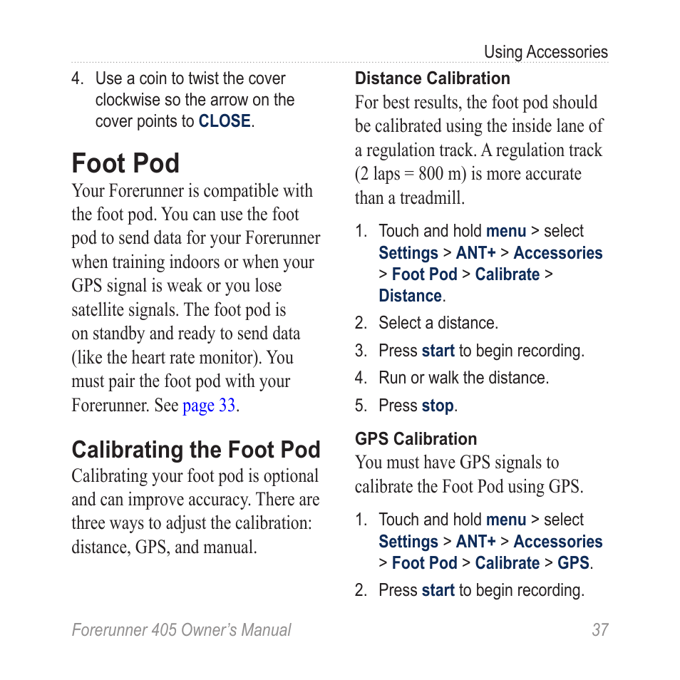 Foot pod, Calibrating the foot pod | Graco 405 User Manual | Page 43 / 56