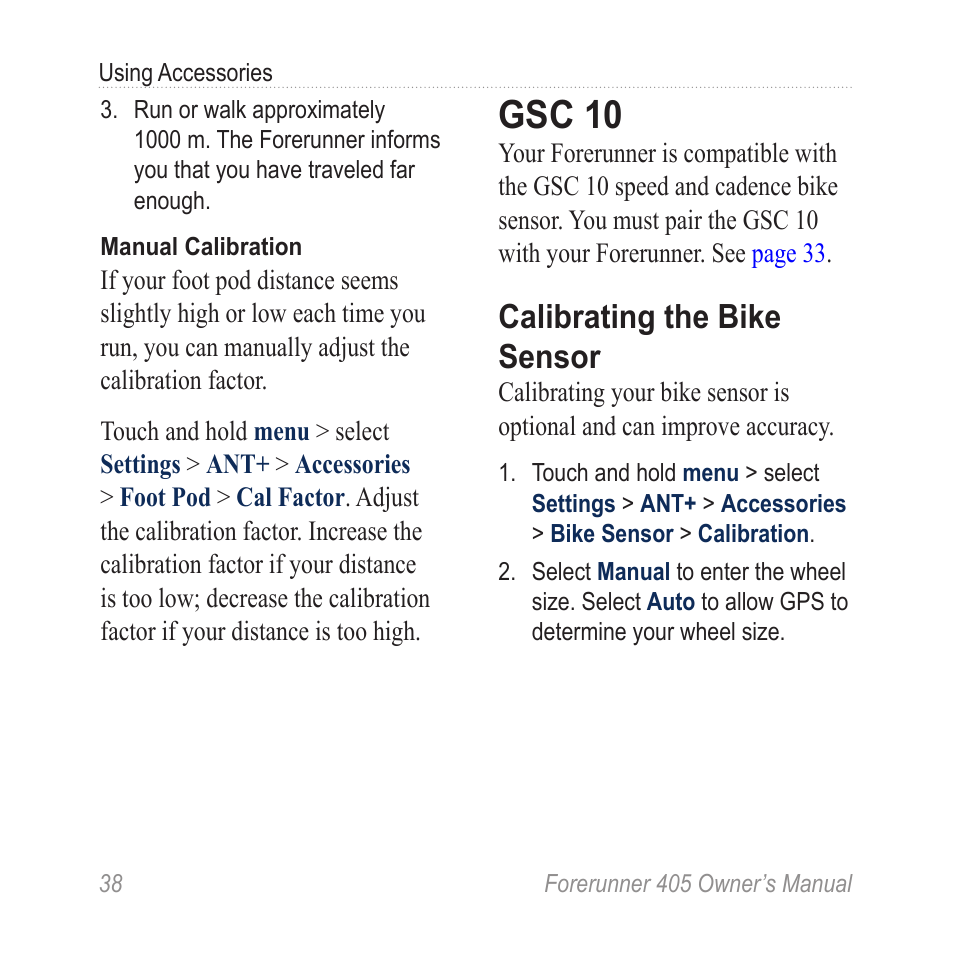 Gsc 10, Calibrating the bike sensor | Graco 405 User Manual | Page 44 / 56