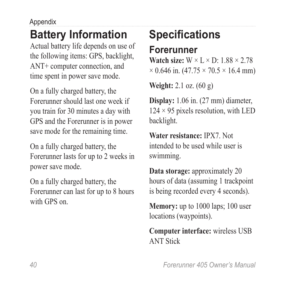 Battery information, Specifications, Forerunner | Graco 405 User Manual | Page 46 / 56