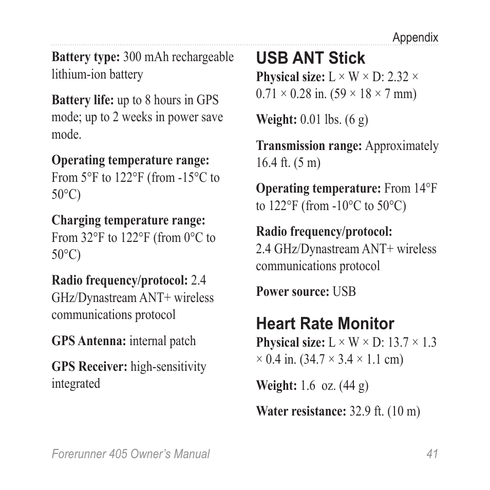 Usb ant stick, Heart rate monitor | Graco 405 User Manual | Page 47 / 56