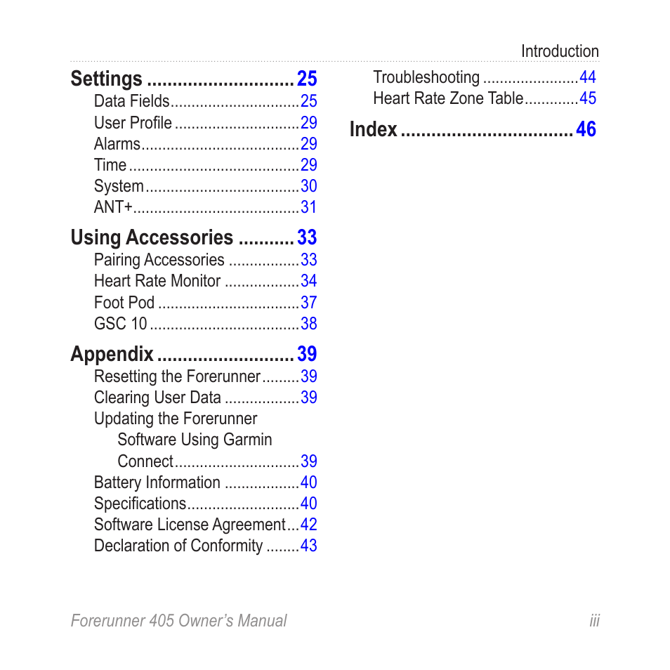 Settings, Using accessories, Appendix | Index | Graco 405 User Manual | Page 5 / 56