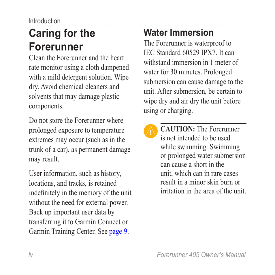 Caring for the forerunner, Water immersion | Graco 405 User Manual | Page 6 / 56