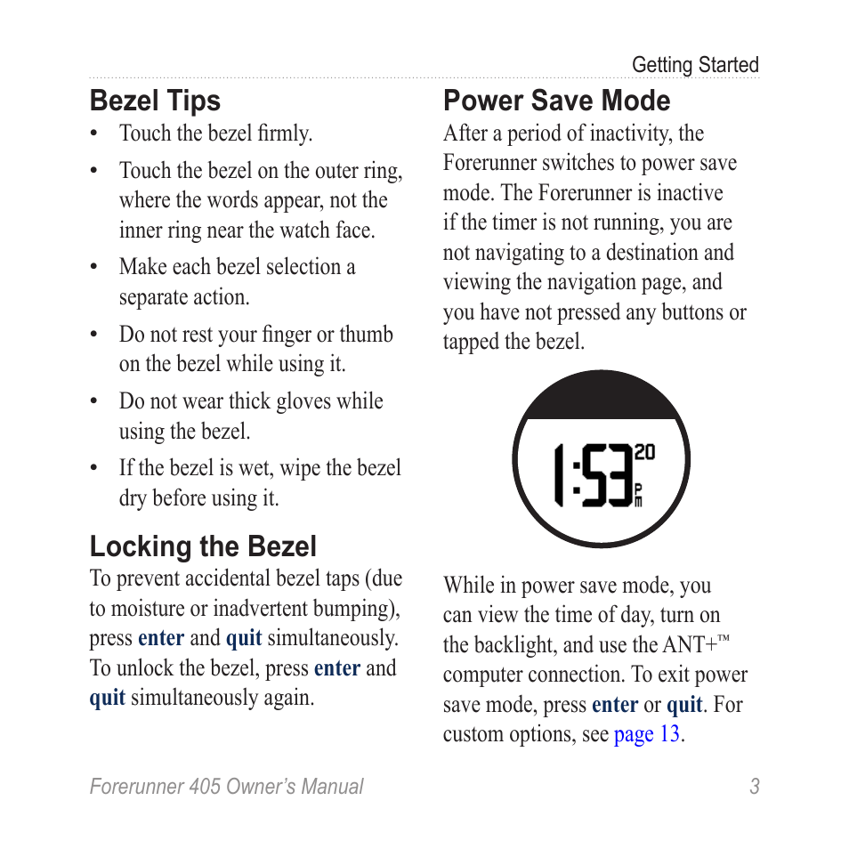 Bezel tips, Locking the bezel, Power save mode | Graco 405 User Manual | Page 9 / 56