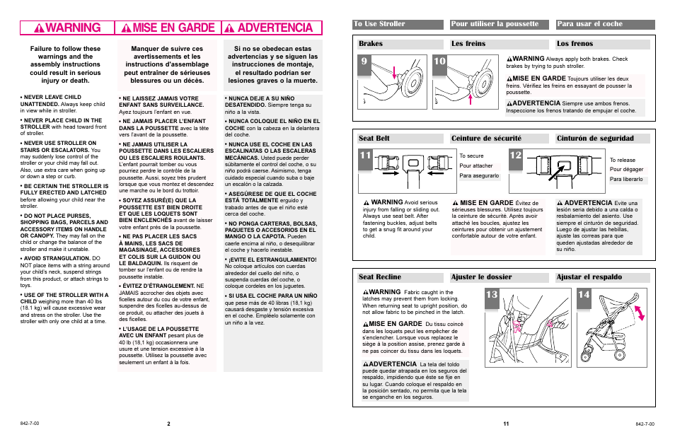 Warning advertencia mise en garde, Brakes les freins los frenos, Cinturón de seguridad | Graco L6820 User Manual | Page 11 / 12