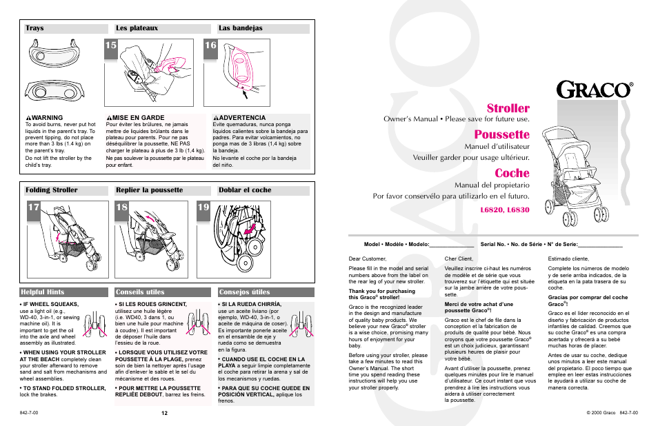 Stroller, Poussette, Coche | Owners manual, Please save for future use, Helpful hints conseils utiles consejos útiles | Graco L6820 User Manual | Page 12 / 12