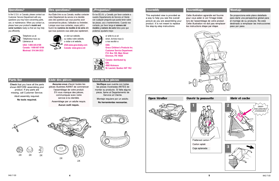 Open stroller ouvrir la poussette abrir el coche, Parts list liste des pièces lista de las piezas, Assembly assemblage montaje | Questions? des questions? ¿preguntas | Graco L6820 User Manual | Page 4 / 12