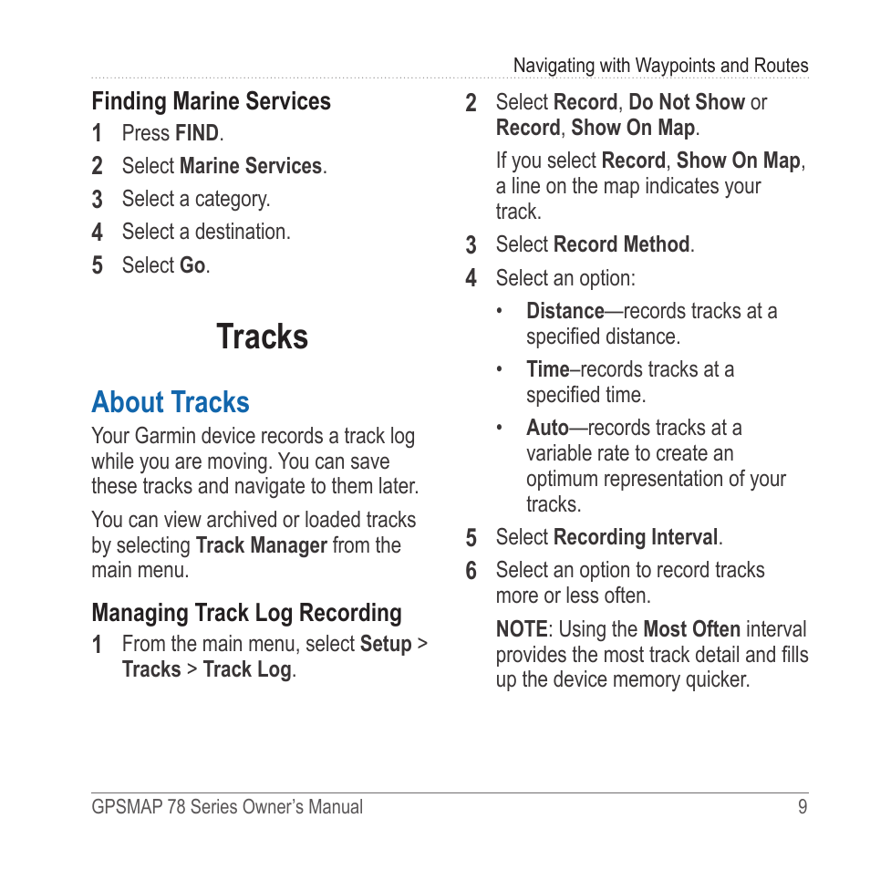 Tracks, About tracks, Record a track | Garmin GPSMAP 78sc User Manual | Page 13 / 48