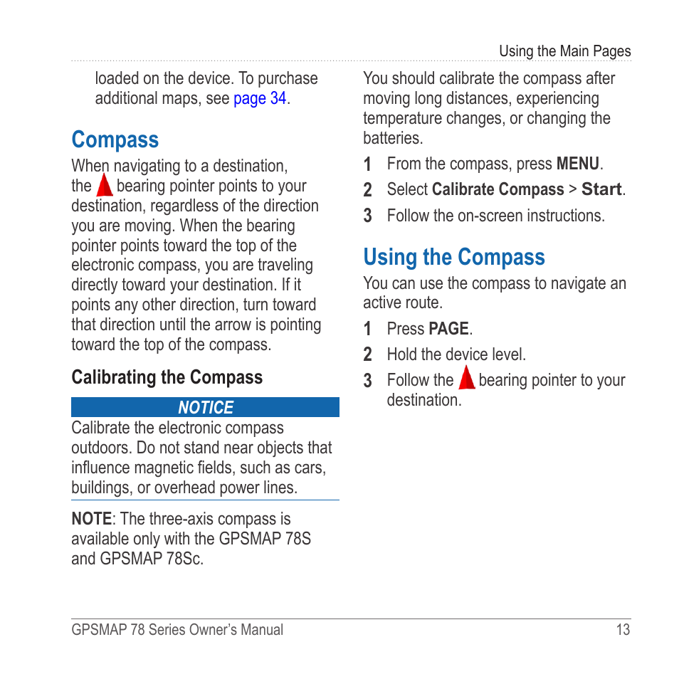 Compass, Using the compass, Calibrate the compass | Garmin GPSMAP 78sc User Manual | Page 17 / 48